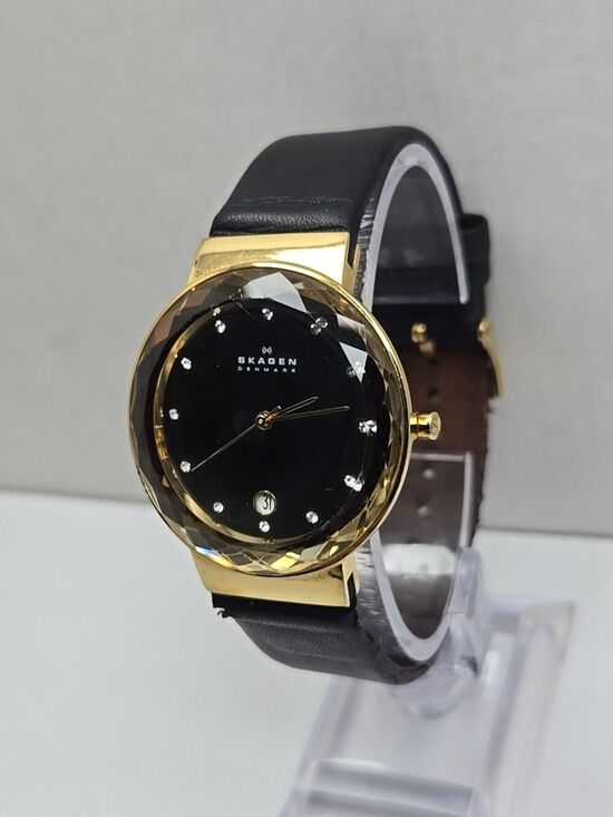 Skagen Leonora SKW2124 Women Gold Tone Crystal Bezel Black Dial Date New Battery main image 14